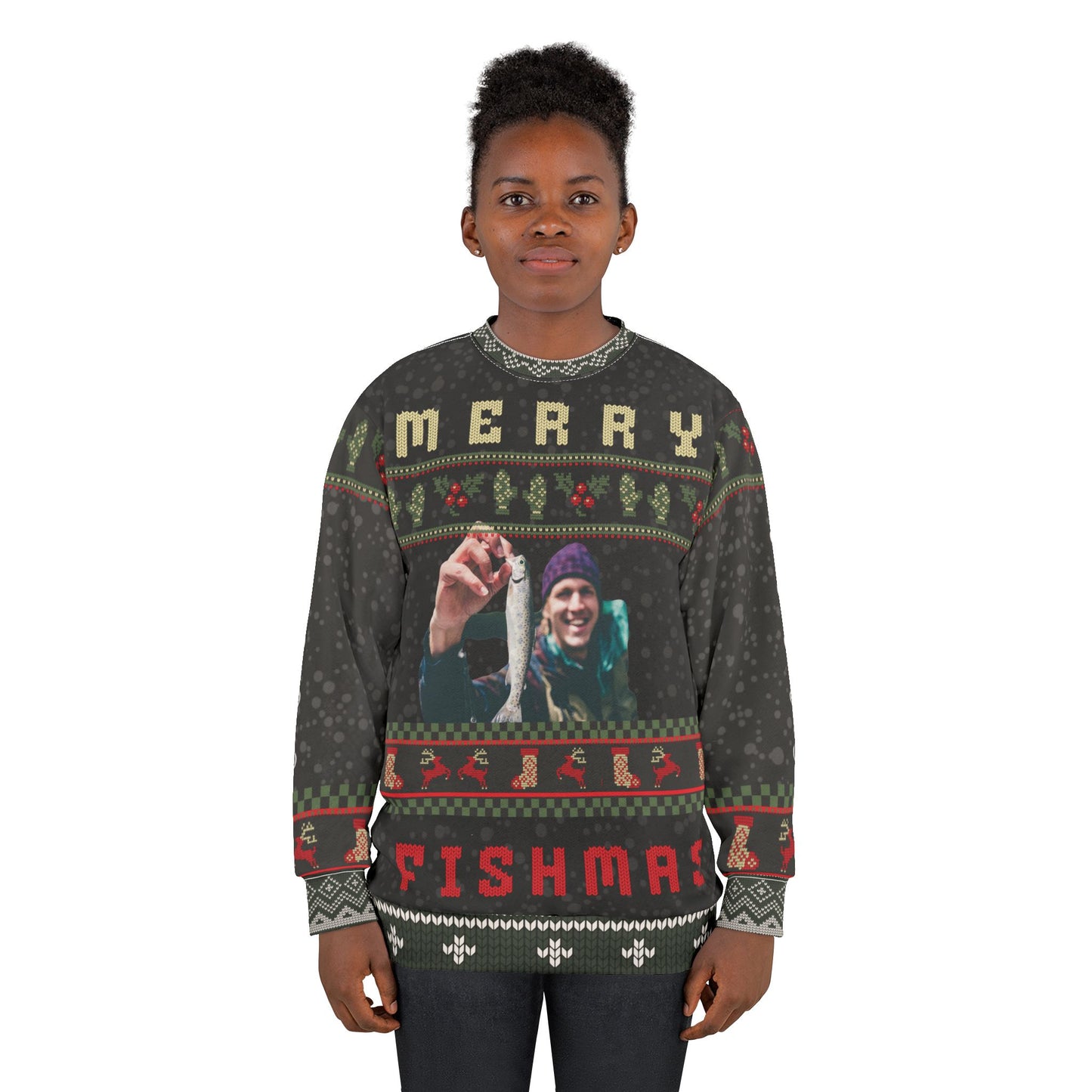 UGLY Christmas Sweater - Merry FISHMAS - Great gift for the Big-Mouthed Fisher in your Life!