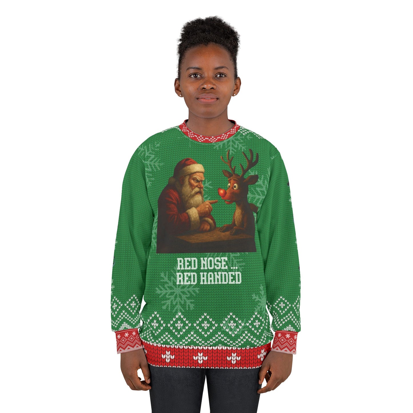 Red Nose Red Handed Ugly Christmas Sweater – Funny Santa & Rudolph Interrogation Sweatshirt | Crime Show Christmas Sweater for True Crime Fans