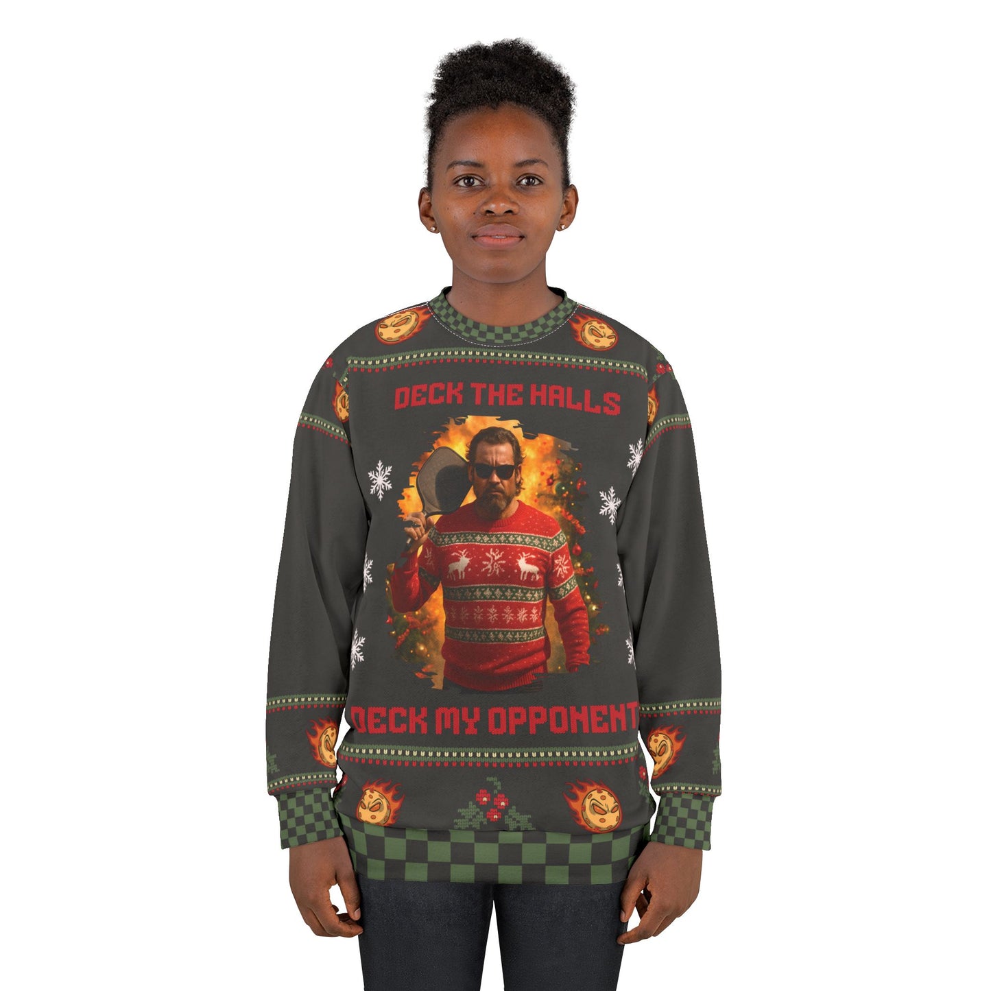 Funny PICKLEBALL Ugly Christmas Sweater | Deck the Halls Deck My Opponents Sweatshirt | Humor Holiday Pullover for Gamers & Tough Guys