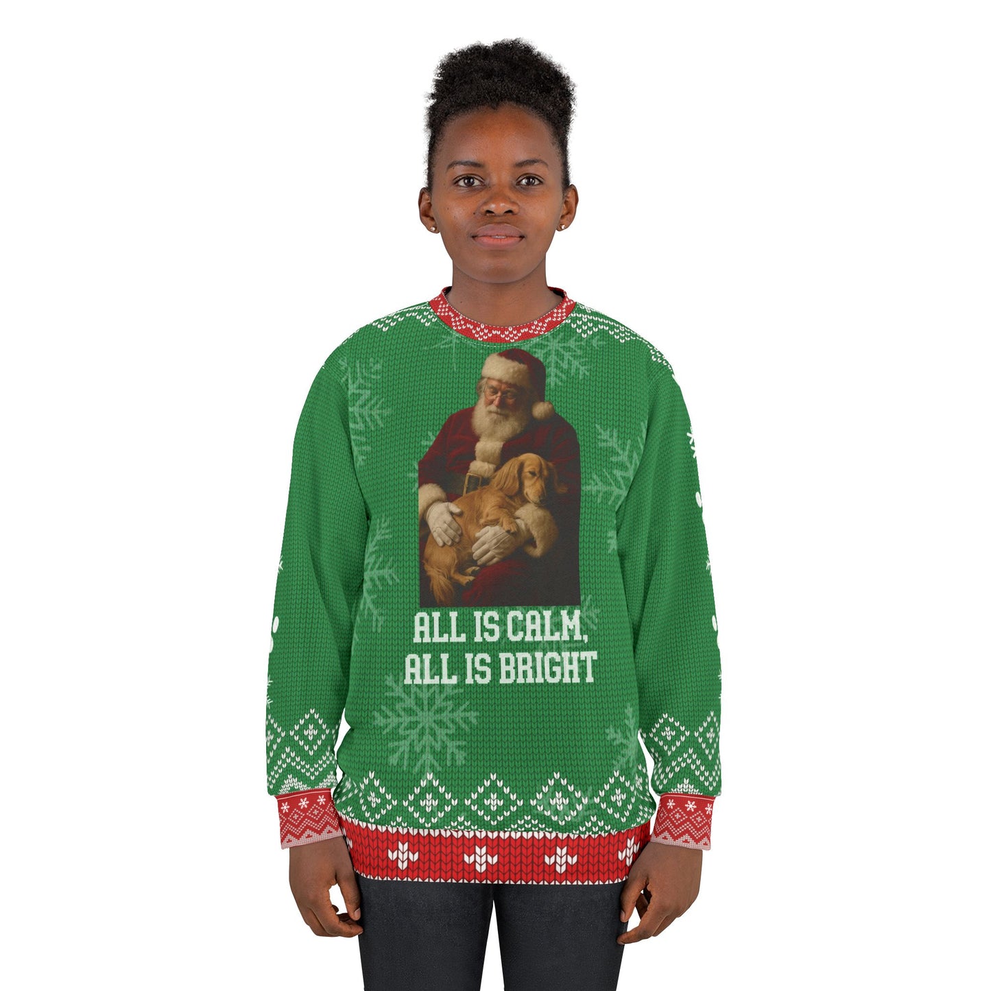 Santa & Dachshund Christmas Sweater – “All Is Calm, All Is Bright” Holiday Sweatshirt