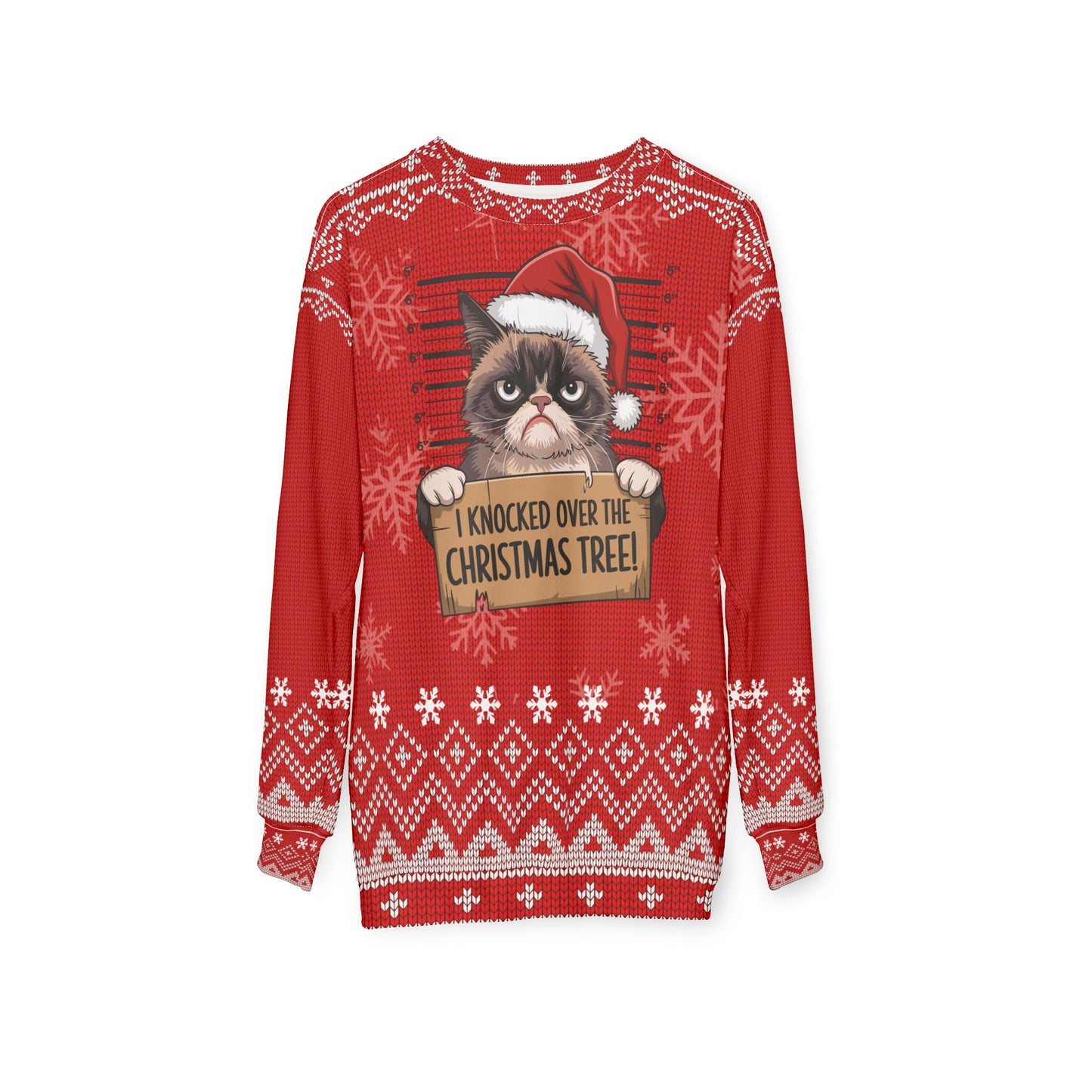 Funny Cat Mugshot Ugly Christmas Sweater – “I Knocked Over the Christmas Tree” Sweatshirt | Crime Show Christmas Sweater for Cat Lovers & True Crime Fans