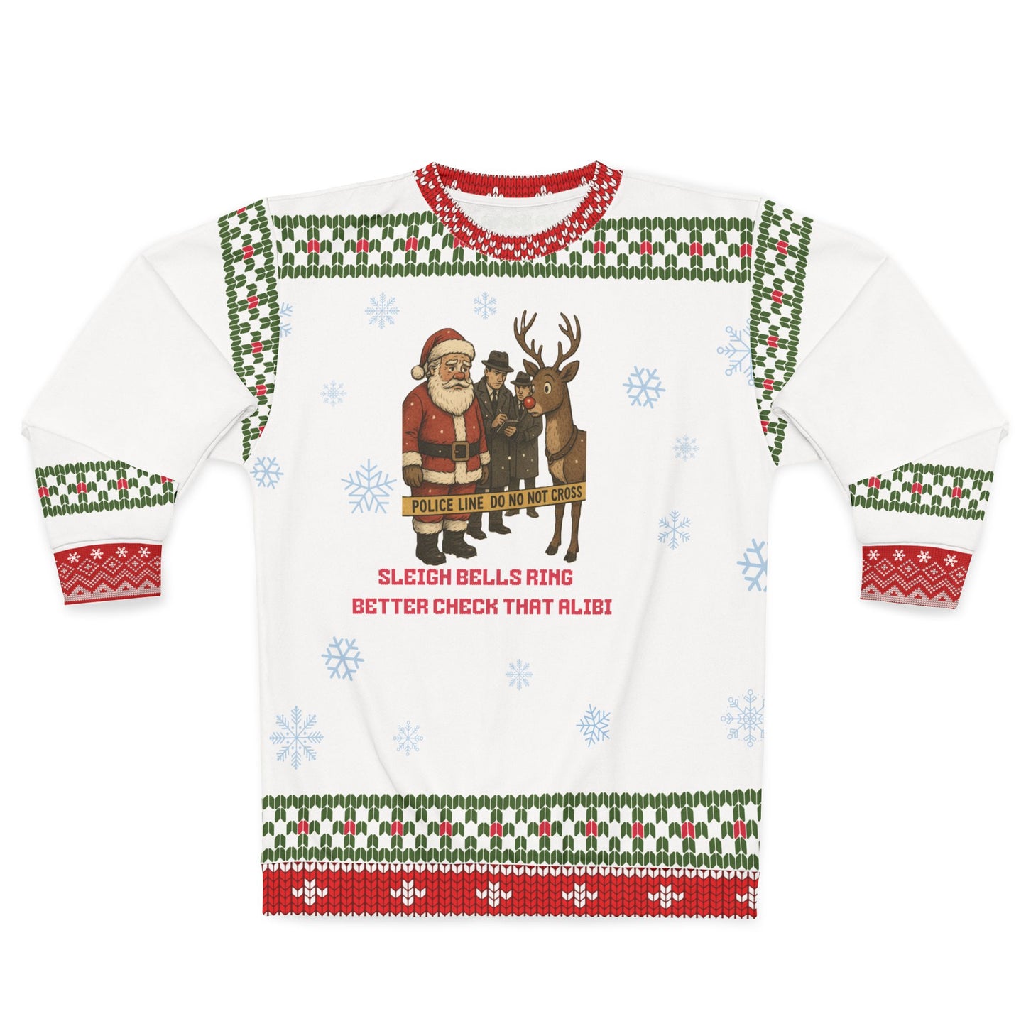 Crime Show Christmas Sweater • “Better Check That Alibi” Santa & Reindeer Sweatshirt • Funny True Crime Holiday Sweater • Dark Humor Xmas Gift