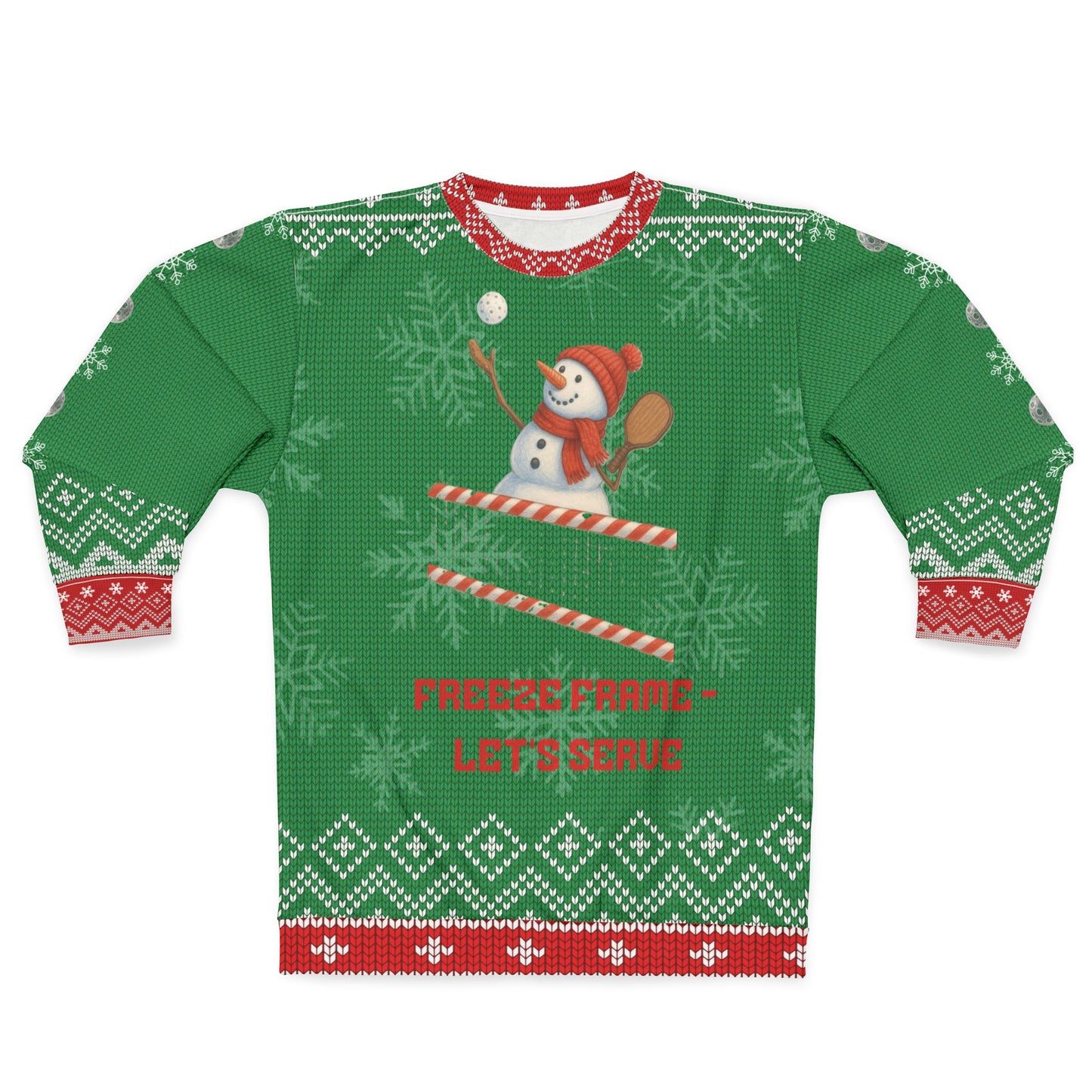 Funny Pickleball Ugly Christmas Sweater | Freeze Frame Snowman Let’s Serve Sweatshirt | Holiday Gift for Pickleball Players