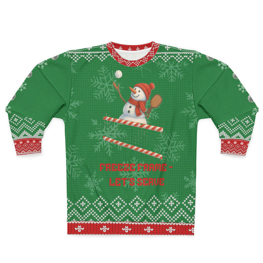 Funny Pickleball Ugly Christmas Sweater | Freeze Frame Snowman Let’s Serve Sweatshirt | Holiday Gift for Pickleball Players
