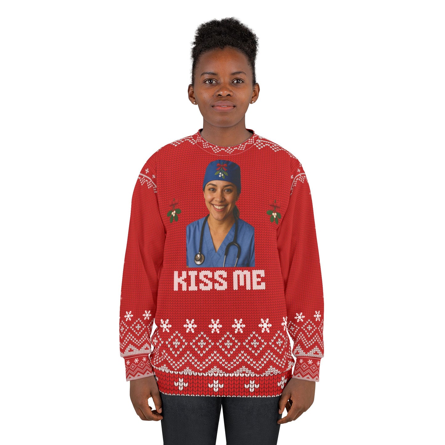 Kiss Me Nurse Christmas Sweater | Mistletoe RN LPN CNA Ugly Xmas Sweater | Funny Medical Holiday Sweatshirt | Nurse Christmas Gift