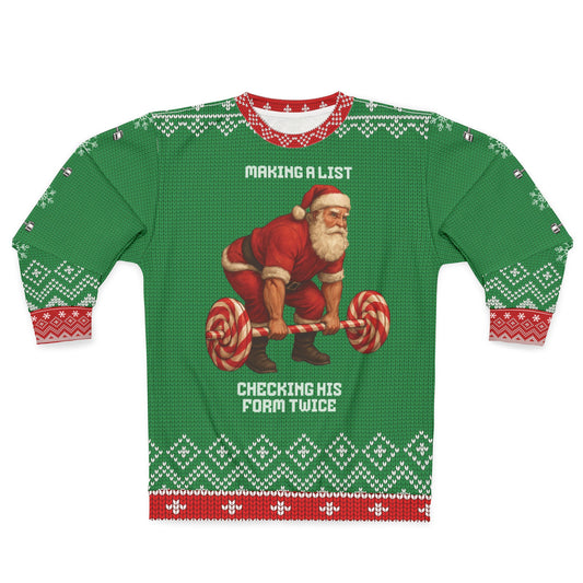 Making a List Checking His Form Twice Funny CrossFit Ugly Christmas Sweater – Gym Lover Holiday Sweatshirt, Santa Weightlifting Xmas Gift