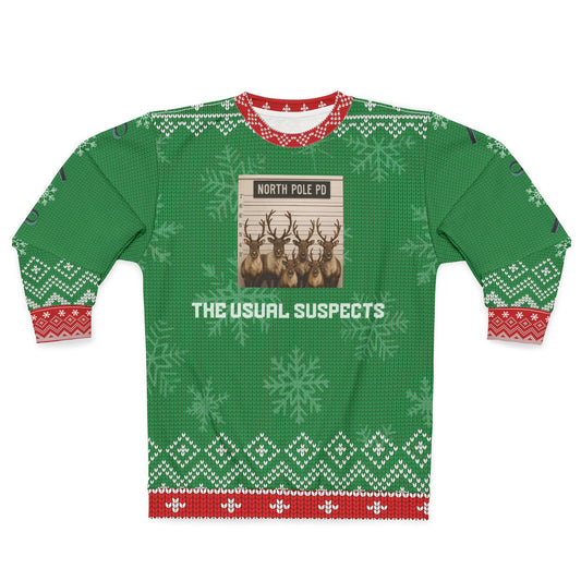 Funny Reindeer Christmas Sweater – “North Pole PD: The Usual Suspects” Ugly Christmas Sweatshirt | Hilarious Holiday Party Sweater for Men & Women