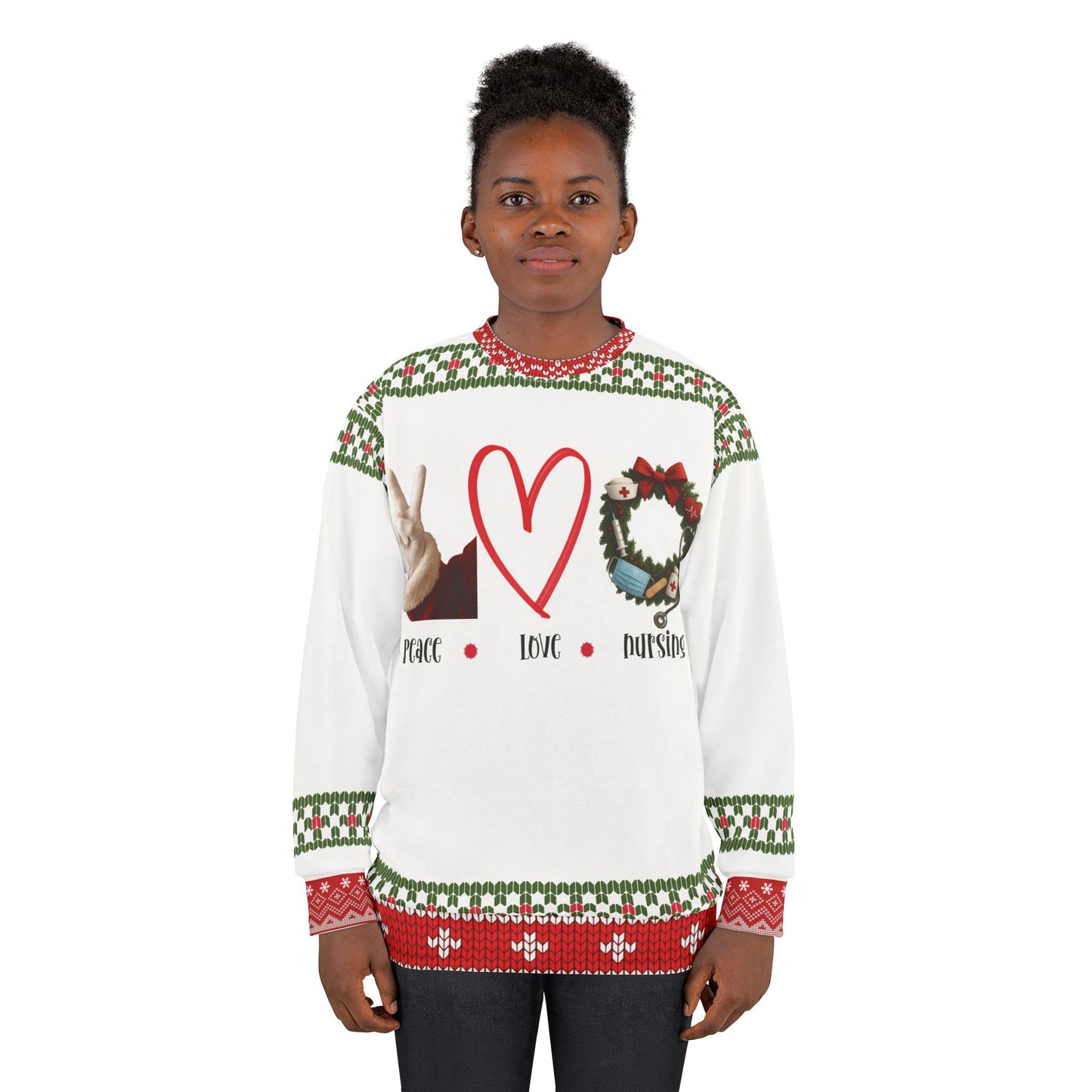 Peace Love Nursing Christmas Sweater | Nurse Holiday Ugly Xmas Sweater | RN LPN CNA Medical Sweatshirt | Nurse Christmas Gift