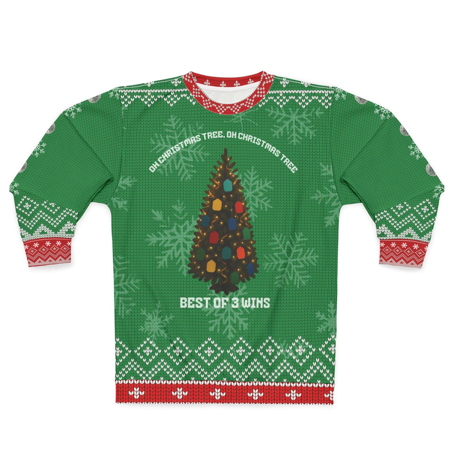 Funny Pickleball Ugly Christmas Sweater | Oh Christmas Tree Pickleball Lights Sweatshirt | Best of 3 Wins Holiday Gift for Pickleball Lovers
