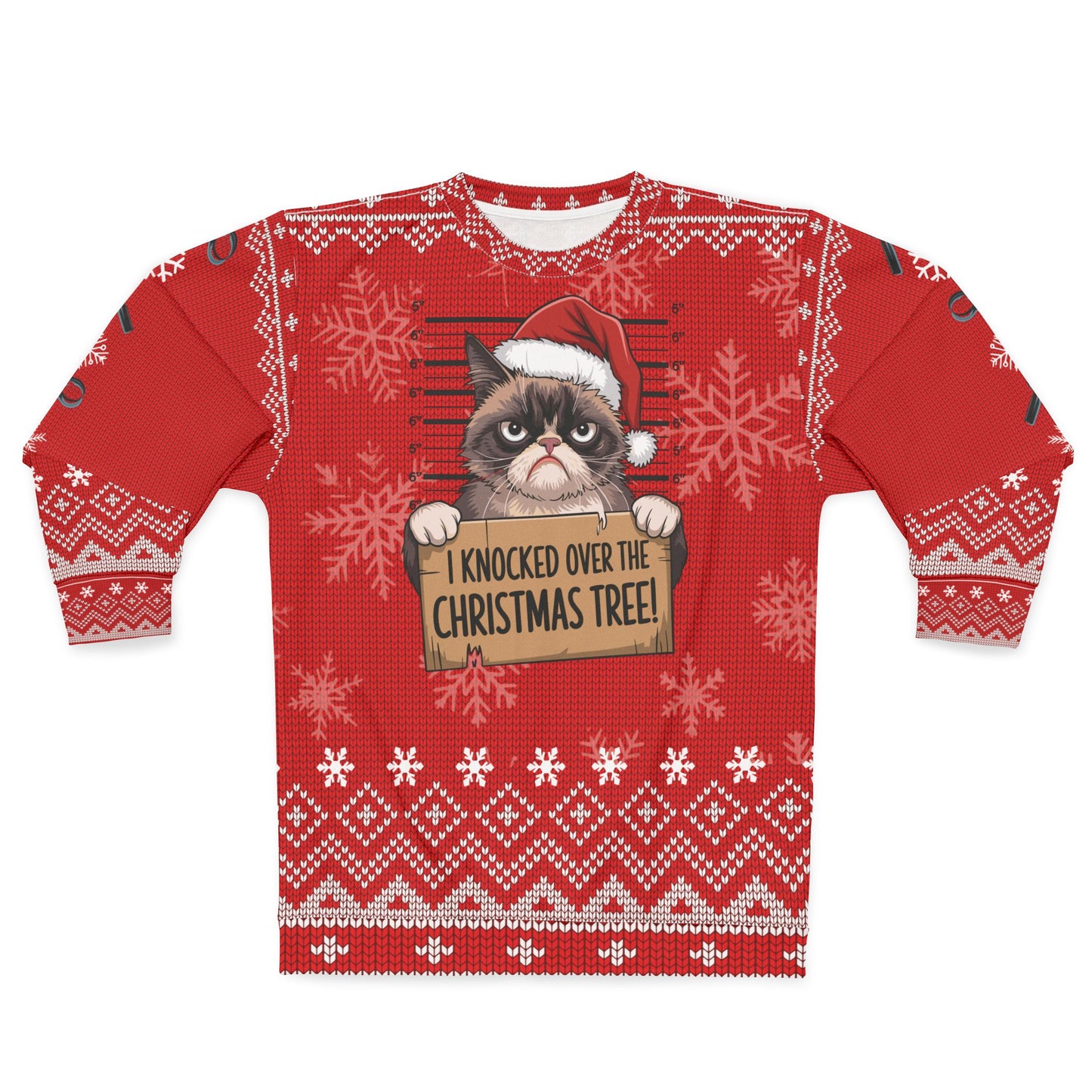 Funny Cat Mugshot Ugly Christmas Sweater – “I Knocked Over the Christmas Tree” Sweatshirt | Crime Show Christmas Sweater for Cat Lovers & True Crime Fans
