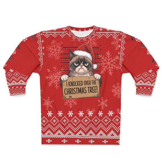 Funny Cat Mugshot Ugly Christmas Sweater – “I Knocked Over the Christmas Tree” Sweatshirt | Crime Show Christmas Sweater for Cat Lovers & True Crime Fans