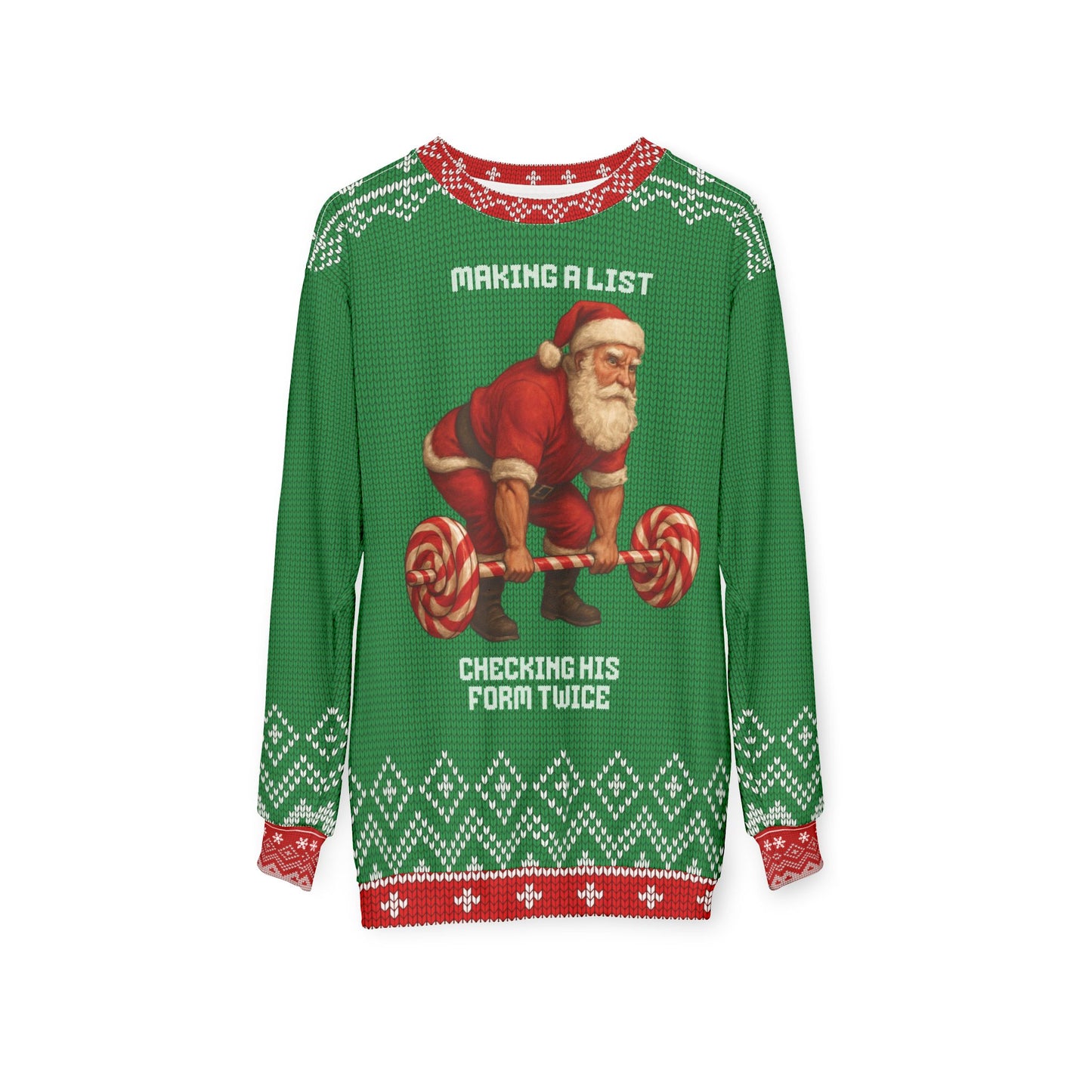 Making a List Checking His Form Twice Funny CrossFit Ugly Christmas Sweater – Gym Lover Holiday Sweatshirt, Santa Weightlifting Xmas Gift
