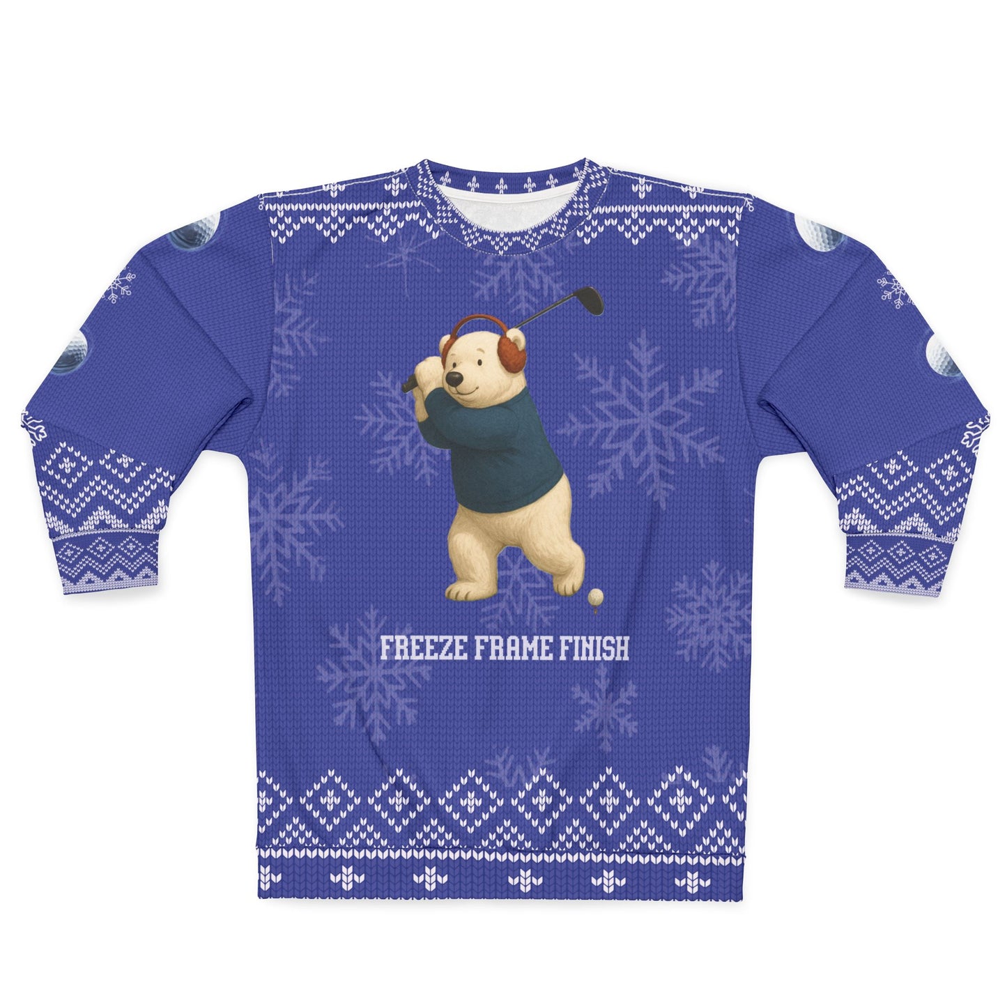 Freeze Frame Finish Ugly Christmas Sweater – Funny Golf Polar Bear Christmas Sweatshirt | Holiday Sweater for Golfers & Winter Golf Gift for Him or Her